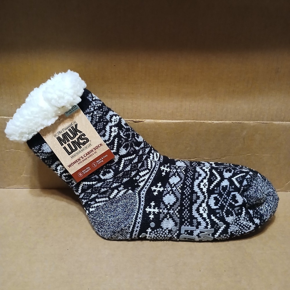 MUK LUKS womens thick cabin slipper socks grippers Black White Warm Cozy